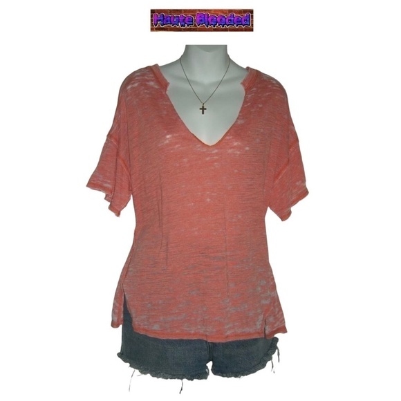 We The Free Orange Burn Out Distressed Tee Shirt Free People Urban Outfitters - Picture 1 of 10
